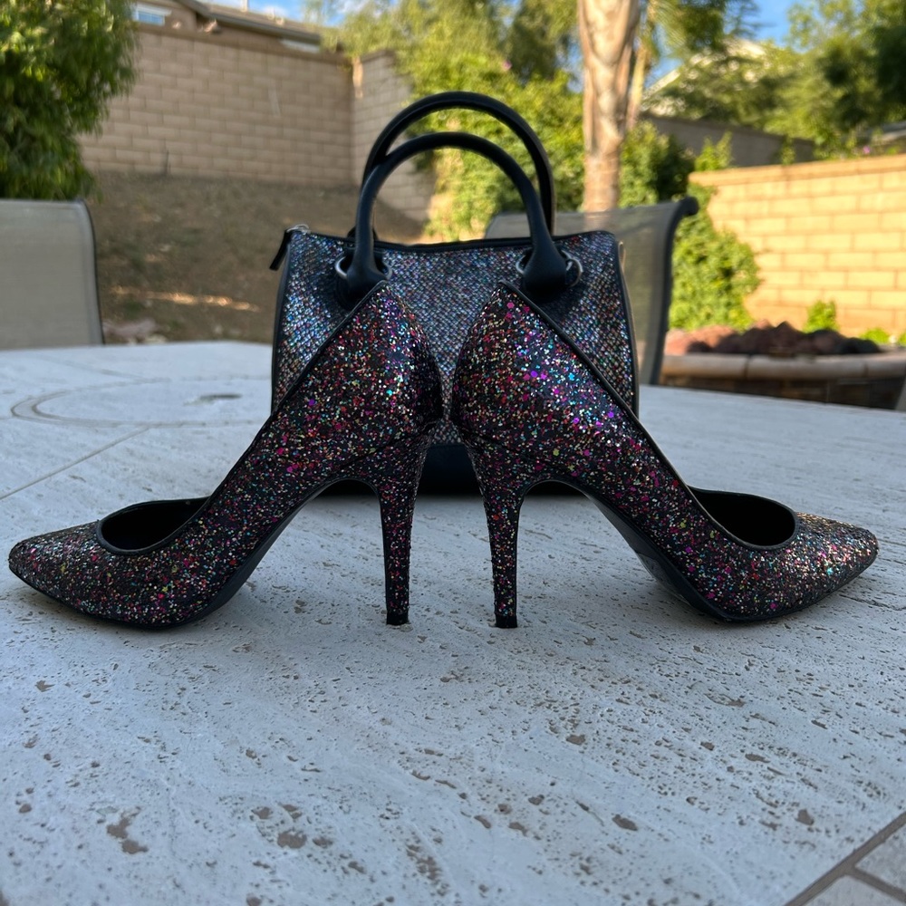 BLACK GLITTER HEELS PUMPS Black Multicolored Sparkly Glitter - Picture 6 of 12